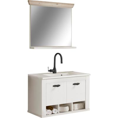 Badmöbel-Set HOME AFFAIRE "Florenz, Bad im Landhausstil, 2-teiliges Badezimmer", weiß (pinie weiß dekor), Kastenmöbel-Sets, Badmöbel-Set, Hänge-Waschtisch und Spiegel mit Ablage, in Pinie Weiß, Stauraum