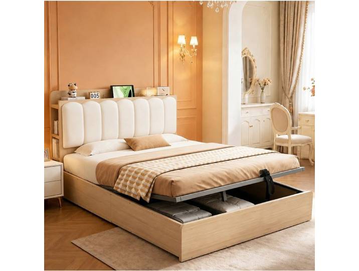 Lit coffre hydraulique – cadre en bois naturel – tête de lit capitonnée – 140 x 200 cm