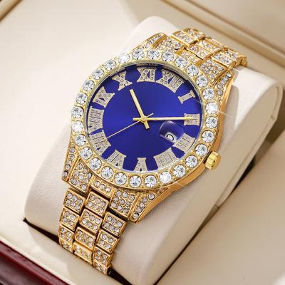Fusion Finds Luxury Men's Quartz Watch With Steel Band, Calendar Display & Diamond Style Business Design gold Blue