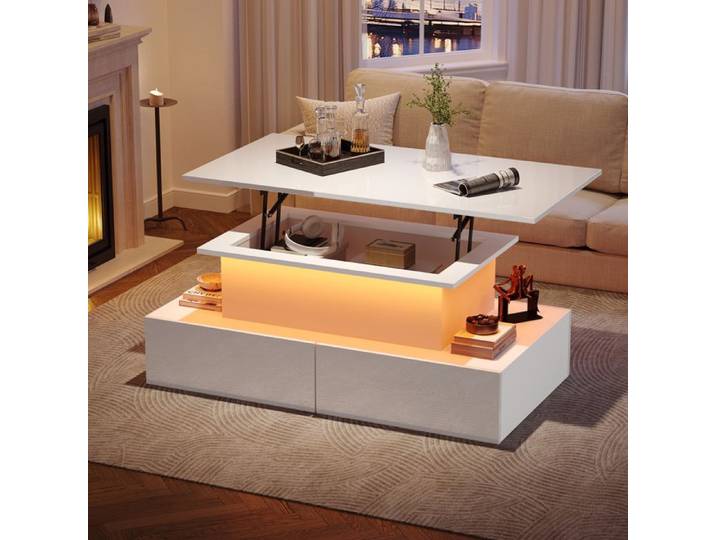 Table basse moderne blanche laquée brillante LED 90x55x41cm 4 tiroirs rangement salon design élégant supporte 30kg