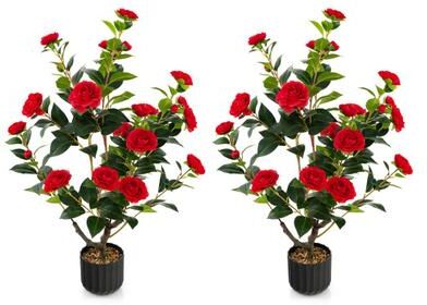 Costway 38 Inch Artificial Camellia Tree Faux Flower Plant in Cement Pot 2 Pack-Red