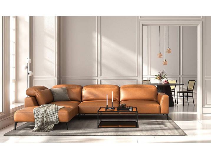 Ecksofa mit Ottomane Braun/Cognac Echtleder Danbi 325cm Ottomane davorstehend links Modern
