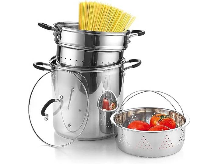 Cook N Home Nudeltopf aus Edelstahl mit Siebeinsatz, 3-in-1, 12 l Dampfkorb, Nudelsieb, Suppentopf mit Deckel – Pastakocher Induktionskompatibel, spülmaschinen- und ofenfest