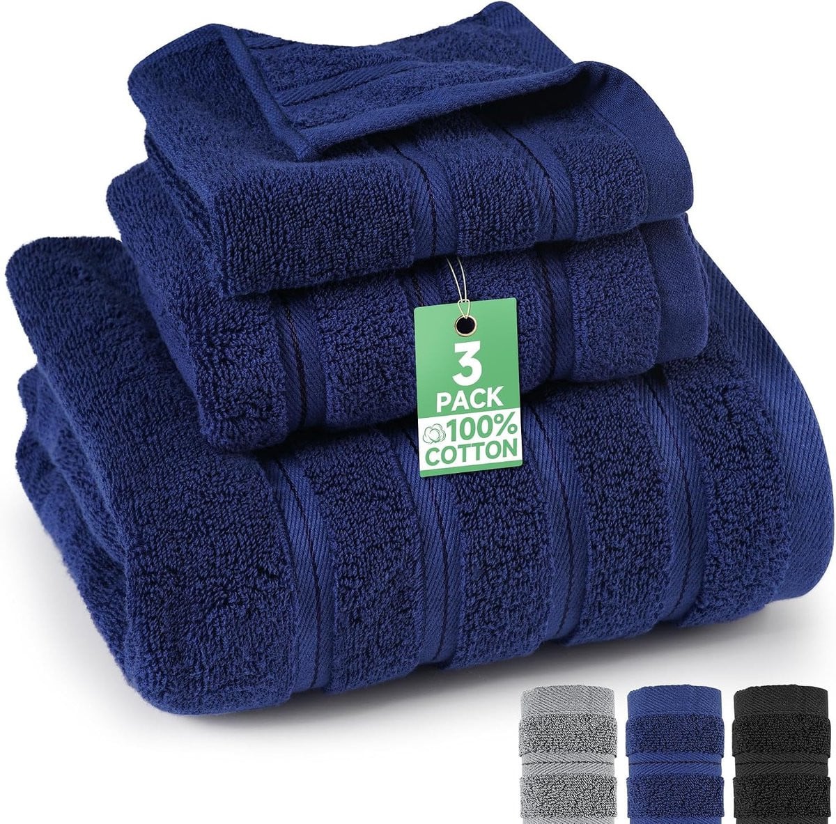 Marineblauwe katoenen handdoekenset voor badkamer en sauna met douchehanddoek en gezichtshanddoek