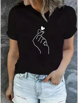 Lush Living Finds Retro Heart Gesture Graphic T Shirt For Women Casual Summer Crew Neck Tee black l