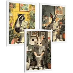 POSTER 3er-Set Tierdrucke im Badezimmer, lustige Waschbär- und Kaninchen-Dekorationsbilder im modernen Vintage-Stil für und Toilette Weißer Rahmen A4