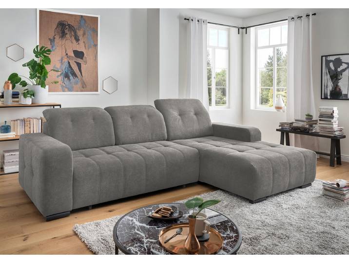 Ecksofa mit Sitztiefenverstellung Grau Webstoff Jimin 290 x 102 x 185cm Longchair davorstehend rechts Modern