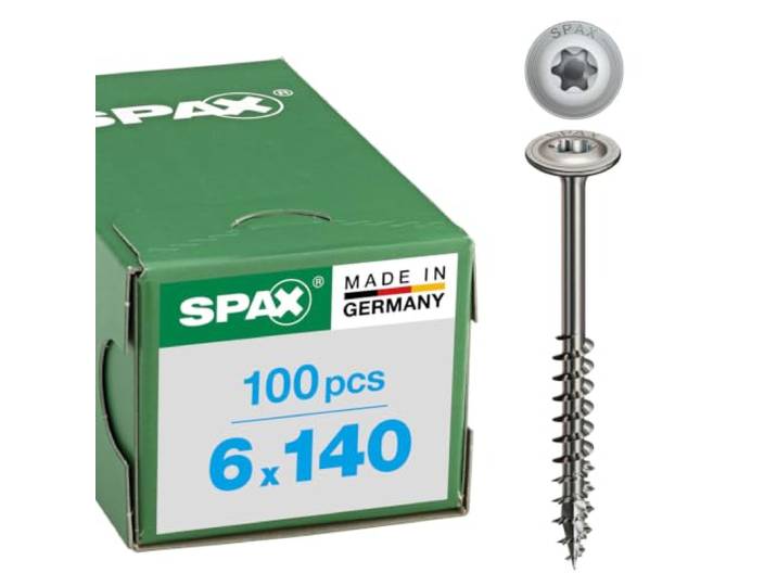 SPAX houtconstructie, discuskop, 6 x 140 mm, 100 stuks, deeldraad, T-STAR plus T30, 4CUT, RVS A2-0257000601405