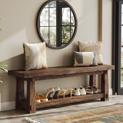 Bluebell "55"" Solid Wood Entryway Bench with Shoe Storage, Charred Wood Grain"