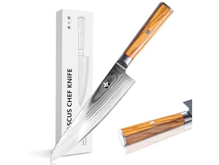 FUJUNI Damastmesser Küchenmesser, Damast Messer Mit Extrem Scharf 20cm Klinge Aus 67 Lagen VG10 Damaststahl Kochmesser,Olivenholzgriff, Geschenkbox