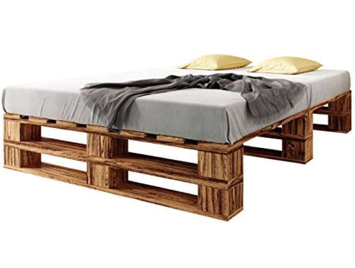 sunnypillow Paletten Bett M2 aus Holz 160x200cm mit Lattenrost Doppelbett, Familienbett, erhöhtes Bettgestell Futonbett Komforthöhe Geflammt Massivholzbett