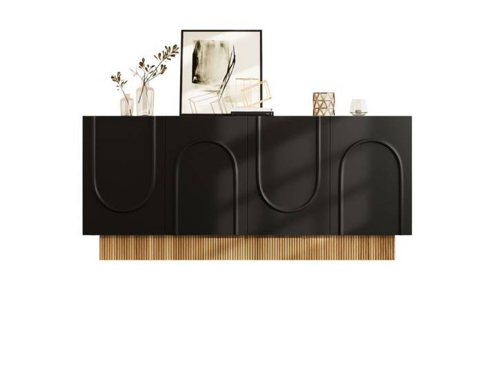 Buffet bas - Buffet moderne noir et bois - 4 portes - façade mate - 160x75x38 cm