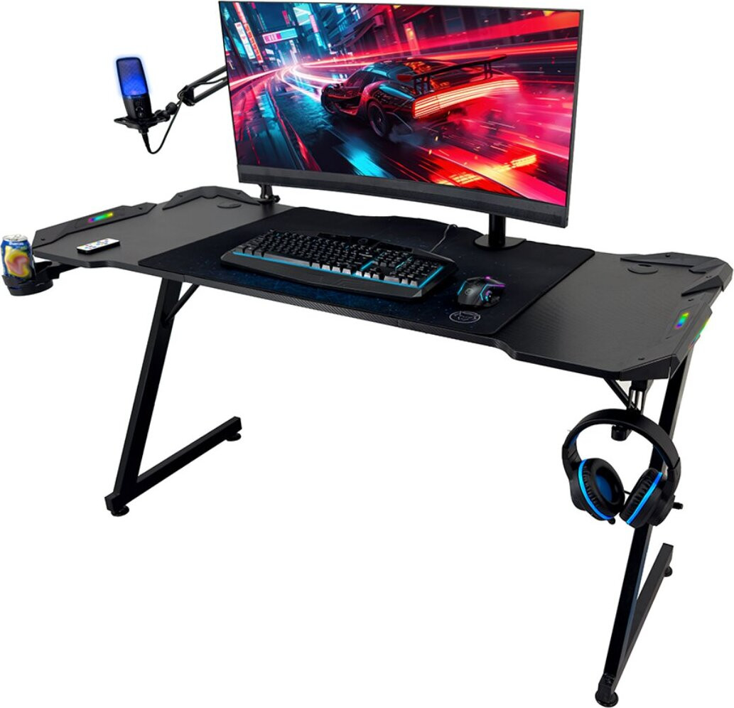 Qware Akron Gaming Bureau met LED-verlichting, headset- en bekerhouder, Breedte: 140 cm