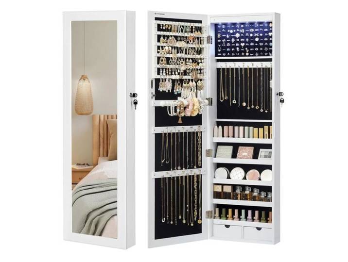 Armoire à Bijoux Meuble de Rangement Mural pour Colliers Boucles d'Oreilles Placard à Accessoires avec Miroir Divers Compartiments