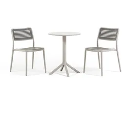 RATTATAN Gartenmöbel-Set Tisch Ø60 mit 2 stapelbaren zweifarbigen Stühlen aus Polypropylen, Balkon, Terrasse, Bar, Café, robust, platzsparend – Elia und Molly