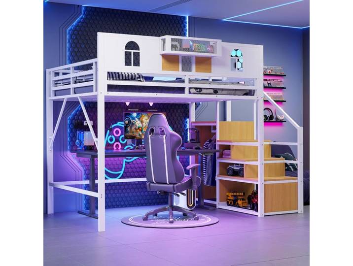 lit adulte 140x200 mezzanine rangement metal blanc avec echelle et plateforme securisee EVRYAE