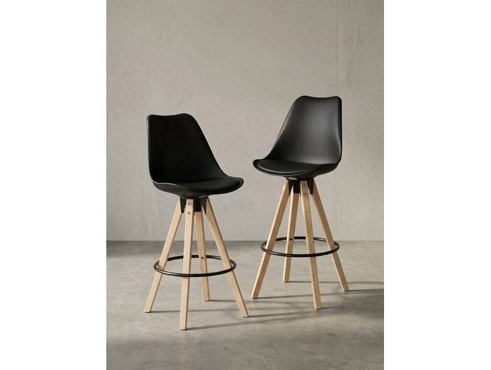 KADIMA DESIGN Barhocker 2er Set Barhocker LIMA Schwarz Retro Design Kunstleder Holz mit Lehne (Tresenhocker Sitzhöhe 77 cm), Design Barstuhl Retro Skandinavisch 2 Stück
