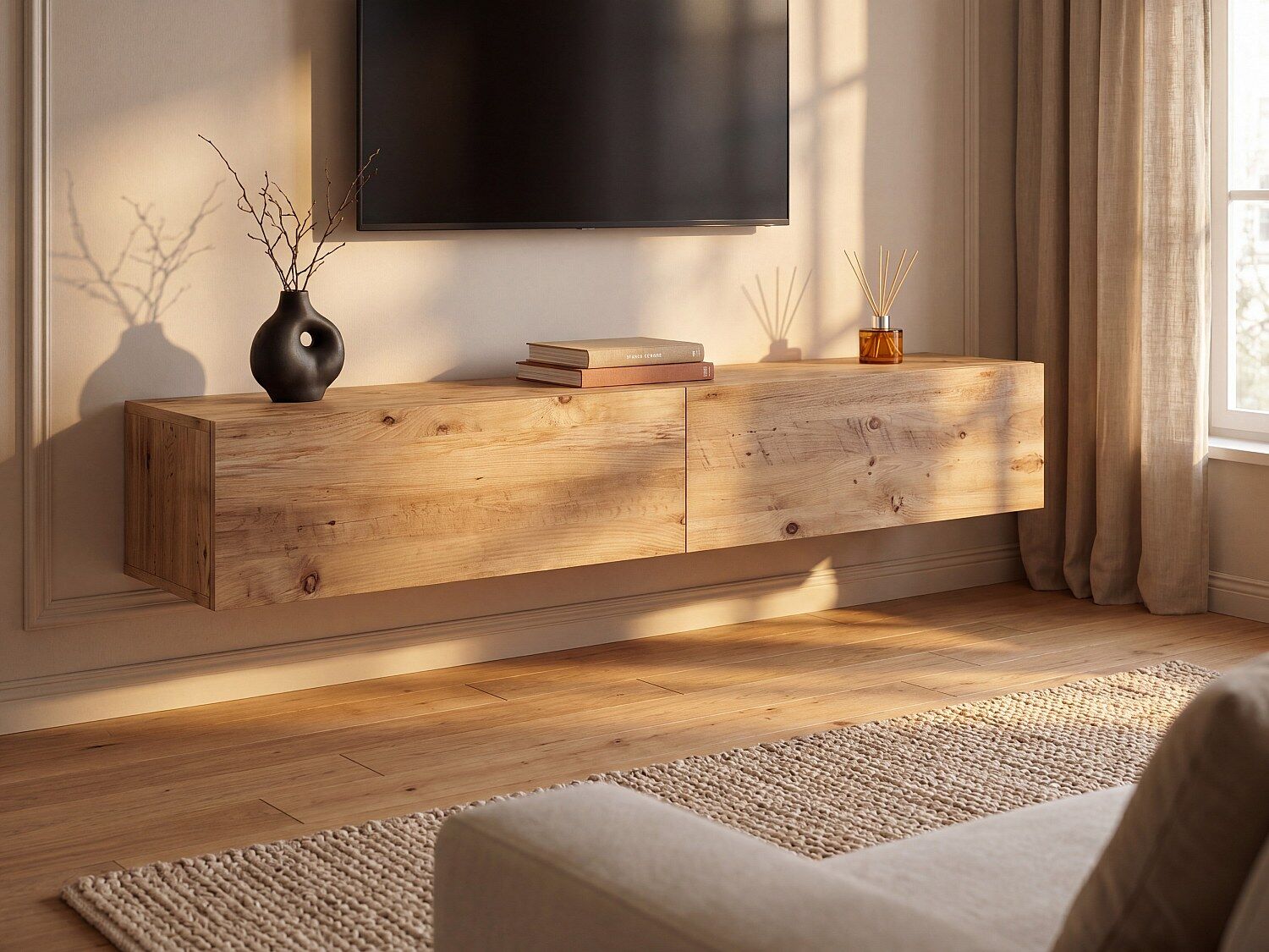 Unique Mueble de TV flotante con 2 puertas - Natural claro - AUBEPINA