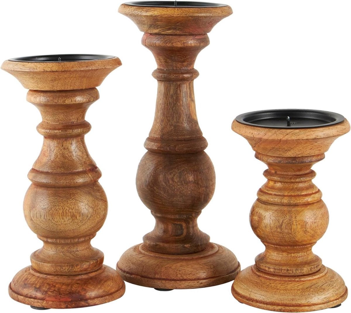Set van 3 Bruine Houten Kandelaars met Gedraaide Stijl voor Taperkaarsen