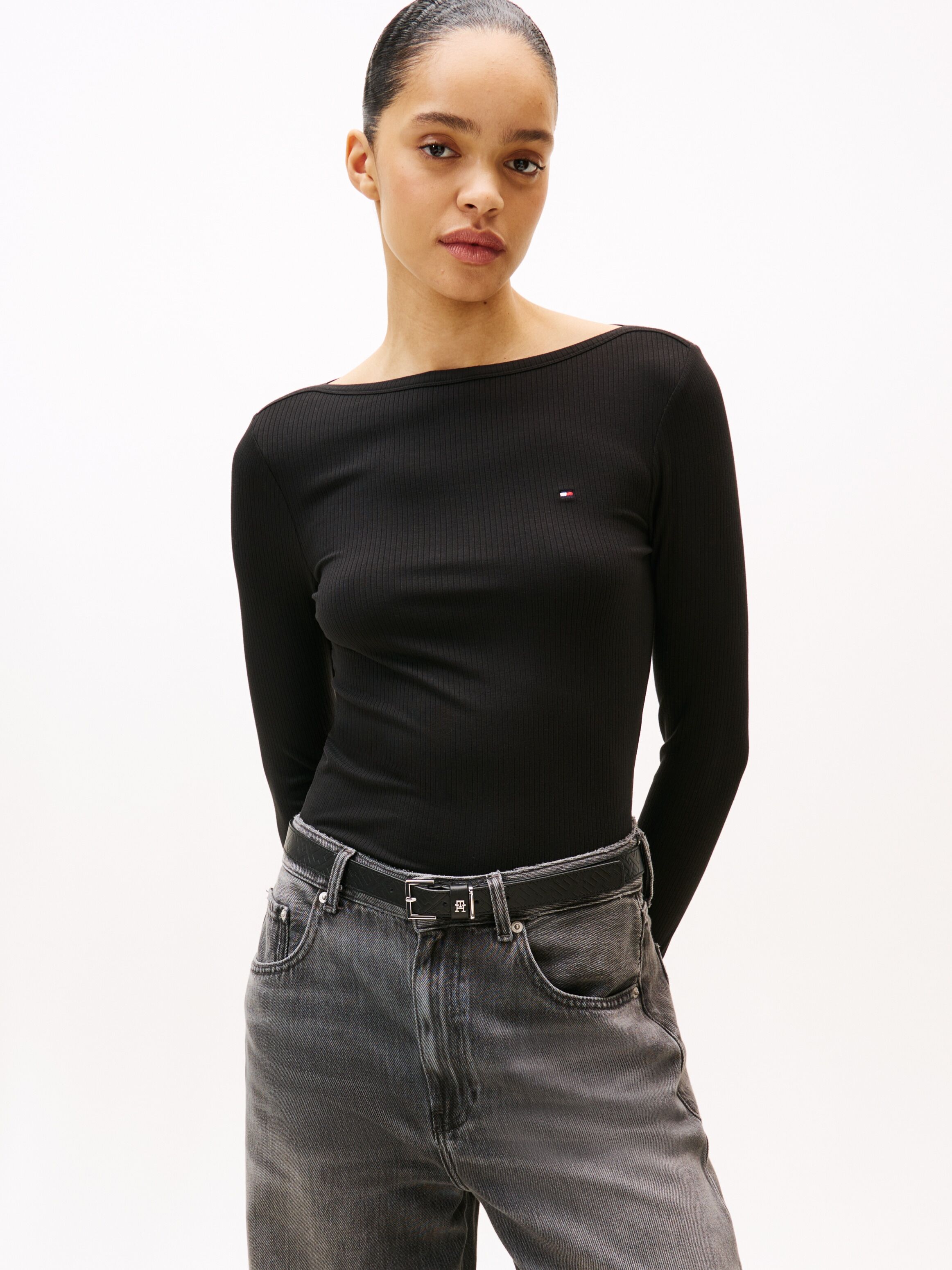 Langarmshirt TOMMY HILFIGER "SLIM 5X2 RIB BOAT-NK LS mit U-Boot Ausschnitt und Rippstruktur", Damen, Gr. XXXL(46), schwarz, Single Jersey, Obermaterial: 95% Viskose, 5% Elasthan, unifarben, figurbetont normal, U-Boot-Ausschnitt, Shirts Langarmshirt, unifa