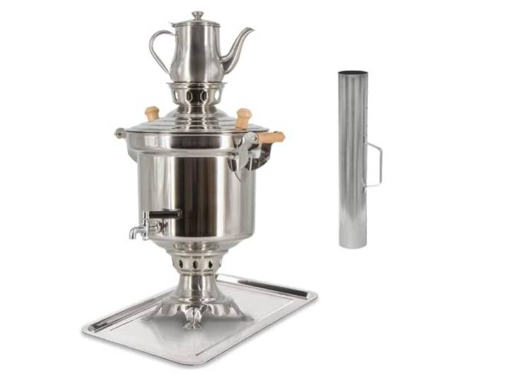 Set Samowar Holzkohle 5 Liter Edelstahl 1,2 mm + Schornsteinrohr + Tablett + Teekanne
