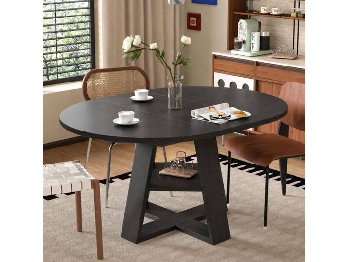 Norevia Table à manger ronde extensible noire effet bois 110 à 150 cm