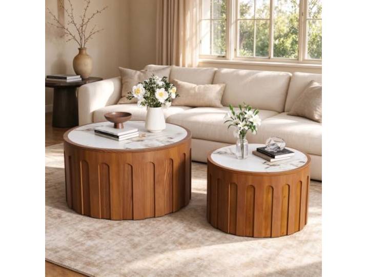 Rundes Couchtisch-Set (2-Teilig) Mit Tischplatten Aus Sinterstein Runder Beistelltisch Im Trommel-Design, Akzenttisch Mit Tischplatte in Marmoroptik, Runder Couchtisch, Komplett Montiert