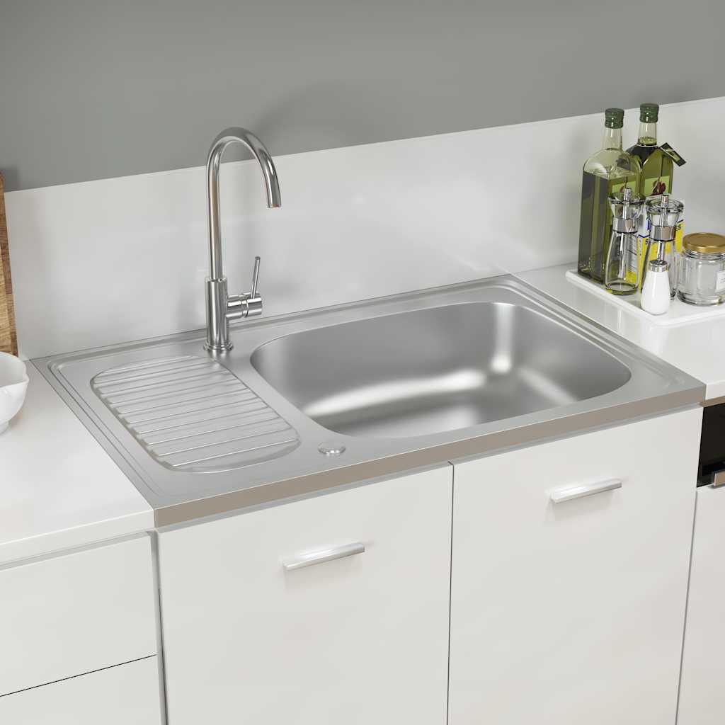 vidaXL Fregadero de cocina con escurridor acero inox 800x500x155 mm Plateado