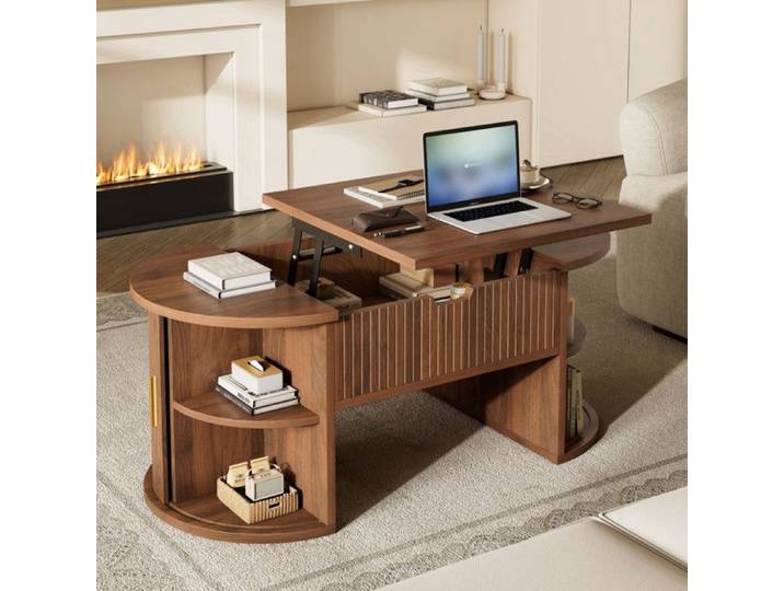 Luscriate - table basse ovale relevable - style rétro-chic avec rangement et étagères - 100x50x40.5cm - noyer