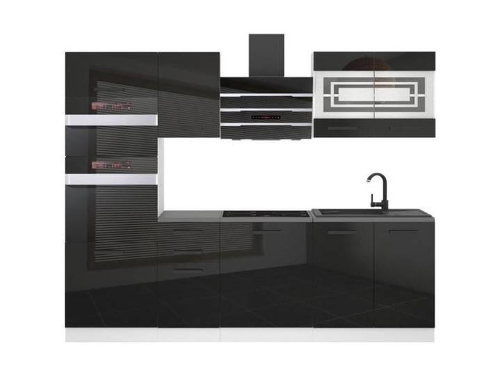 Cuisine Complète - B BELINI GROUP - Modèle TRACY - 240 cm - Noir Brillant - Système de Fermeture Silencieuse