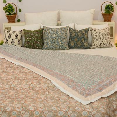 Fabdivine Luxury Hand Block Print Cotton Quilt Both Side Printed Green White Floral, Double-Sided Reversible Bedspread for Decor