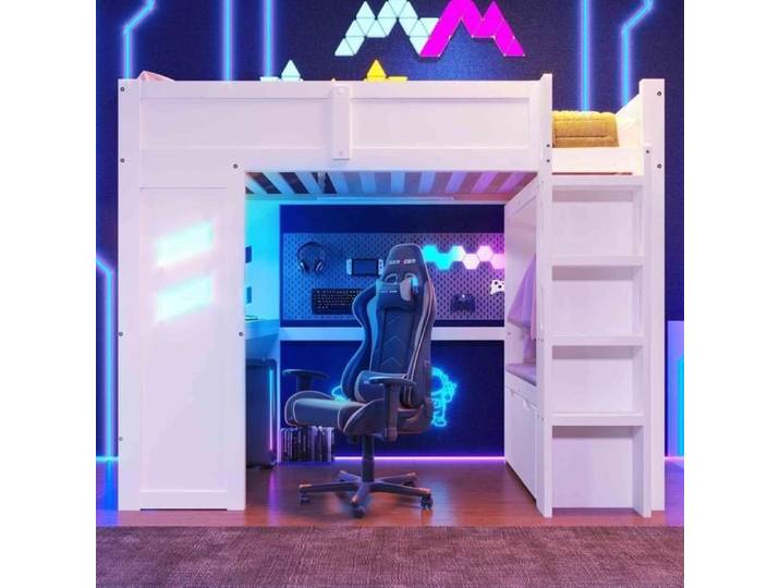 Lit mezzanine - KOMHTOM - Gaming 90x200 - Bureau intégré - LED & USB‑C - 2 tiroirs + penderie