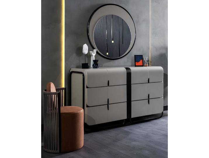 JVmoebel Kommode JVMoebel Designer Kommode mit Rundspiegel aus hellem Holz (1 St), Made in Europa
