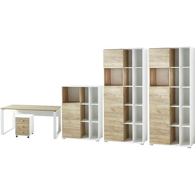 Büromöbel-Set GERMANIA "GW-Lioni", weiß (weiß, navarra, eiche, nachbildung), Holzwerkstoff Metall, Holzwerkstoff, Metall, Arbeitsmöbel-Sets, Büromöbel-Set