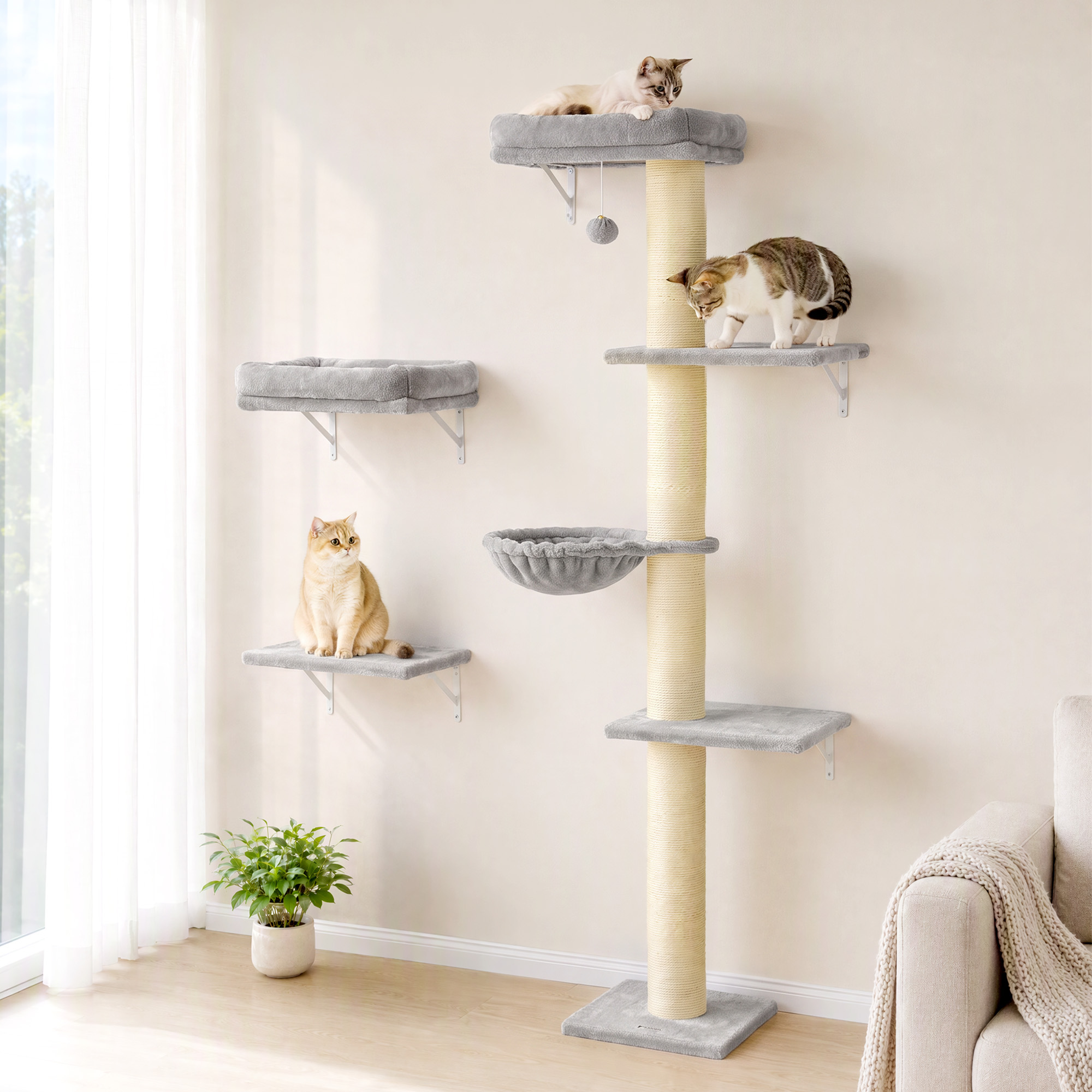 Pawhut Parete da Arrampicata per Gatti 3 Pezzi con Tiragraffi, Piattaforme e Amaca   Aosom Italy