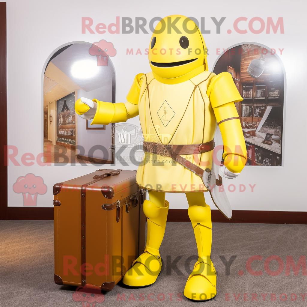 Maskottchen REDBROKOLY eines zitronengelben mittelalterlichen Ritters in Chinos und Aktentasche