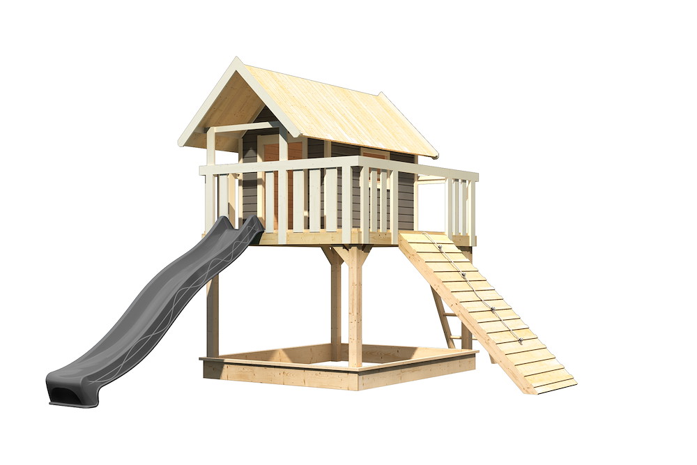 KARIBUHOLZT Stelzenhaus Fidel 198x243x333 tgrau m.Rutsche und Holzrampe 16988435
