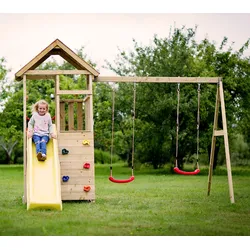 Wendi Toys Holz Spielturm Giraffe | mit Rutsche, Kletterwand, 2 Schaukeln & Picknicktisch | Natur | 280x340x270 cm - Natur