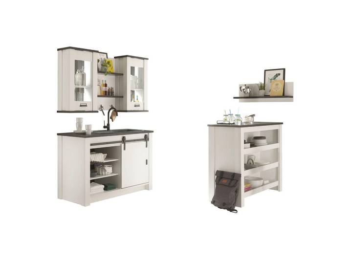 Furn.Design Küchen-Set weiß Pinie, anthrazit Landhaus, Küchenschrank Set 6-teilig mit Theke, Weiß, Anthrazit, Glas, Metall, Nachbildung,Pinie, Uni, einzeln stellbar,Küche mit Bartisch/Theke, 133x106x64 cm, Küchen, Küchenzeilen & Küchenblöcke, Miniküchen