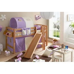 TiCAA Hochbett mit Rutsche Podestbett "Tino" Buche Natur Classic teilbar mit Farbauswahl