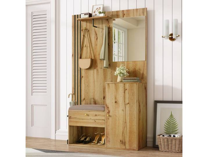 Meuble d'entrée - ZEVKOR - 115×37×185 cm - Miroir - Banc rembourré - Bois et noir