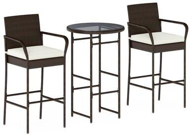 Costway 3 Piece Outdoor Bar Set with 2 Seat Cushions for Porch Yard-White