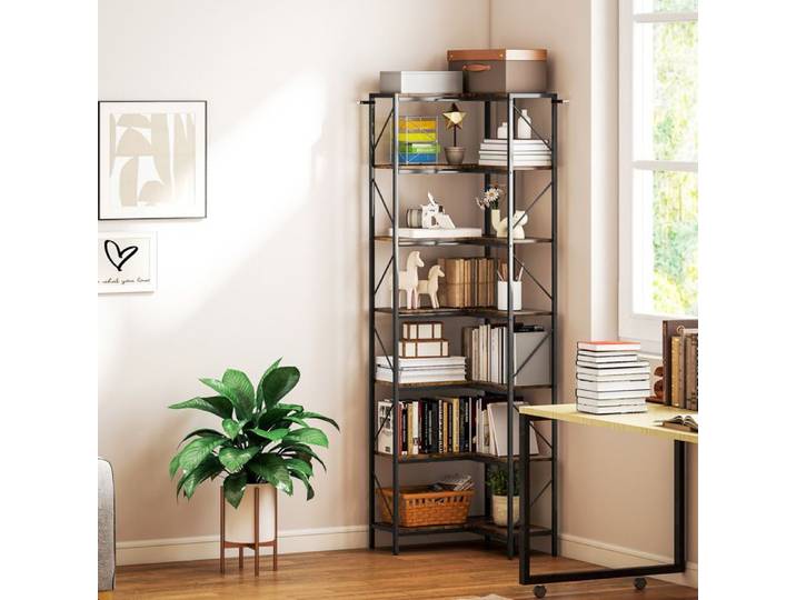 Bibliothèque d'angle à 7 niveaux industriel avec étagères de rangement 60 x 60 x 198 cm brun rustique