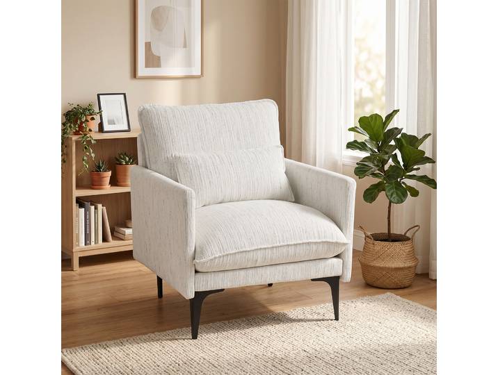 HOMCOM Fauteuil Salon Tissu Lin Blanc Accoudoirs Coussin Large