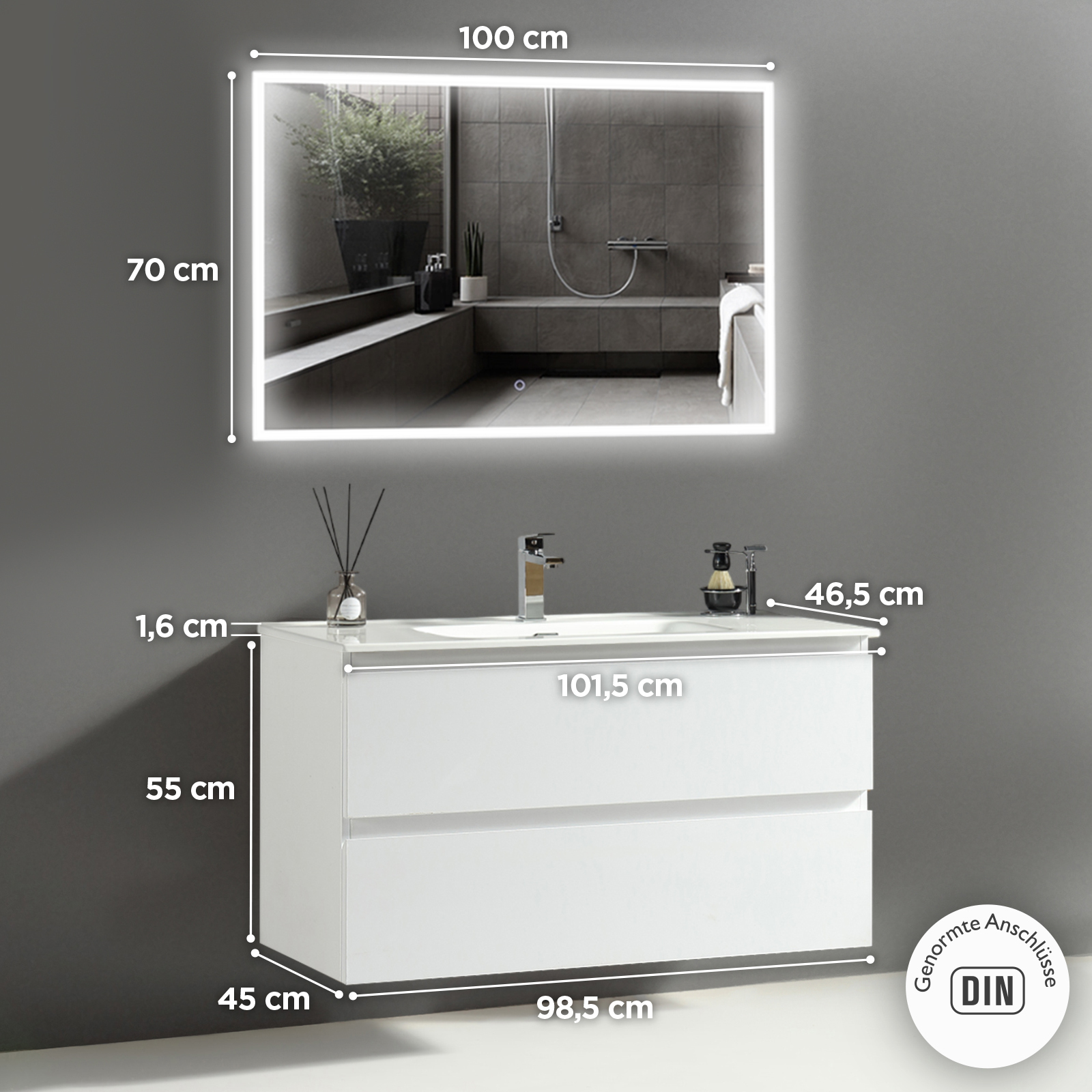 Alpenberger Waschbecken mit Unterschrank 100 cm Breit | Waschbeckenunterschrank Gäste WC | Badezimmerspiegel mit Beleuchtung | LED Spiegel Bad