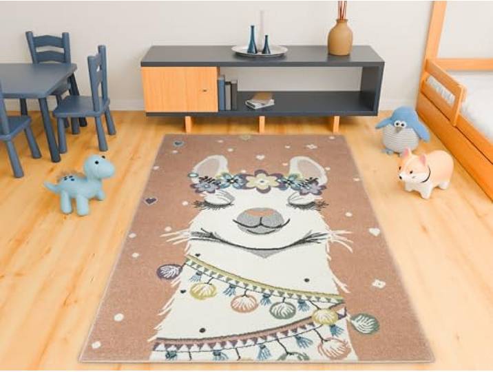 AKCILA Lima Kinderteppich Rosa Creme mit Lama Blumenkranz Herzen 200x290cm Süßer Teppich fürs Kinderzimmer, Kinderteppich für das Mädchenzimmer, Bunter Teppich fürs Kinderzimmer mit Fußbodenheizung