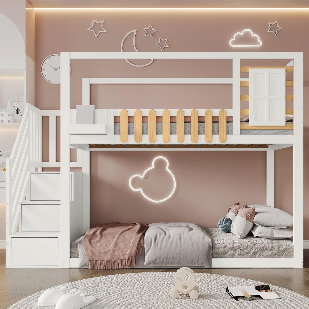 Etagenbett - Kinderbett - Hochbett - Oberbett - Etagenbett mit Sicherheitsnetz - Dreiteilige Treppe zur oberen Ebene