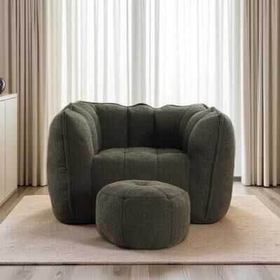 Modern Chenille Bean Bag Chair with Footstool, High Resilience Foam Filled Square Floor Sofa with Armrests & Handle