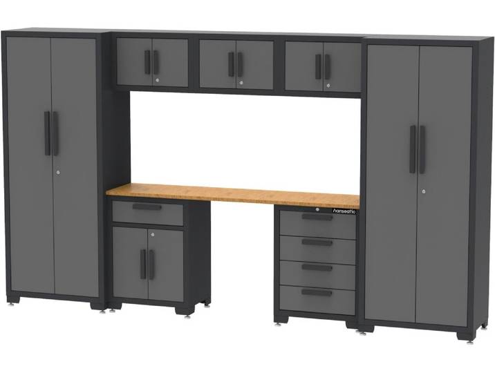 Werkbank HANSEATIC Werkstattset Sydney , grau, B:330cm H:194cm L:330cm T:47cm, Bambus, Metall, Stahl, Werkbänke, Werkbank, vormontiert, abschließbar, höhenverstellbar
