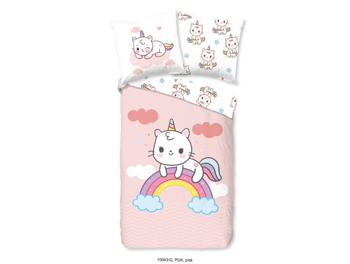 Good Morning Kinderdekbedovertrek eenhoorn kat met regenboog - Roze - (135x200 cm) - Katoen
